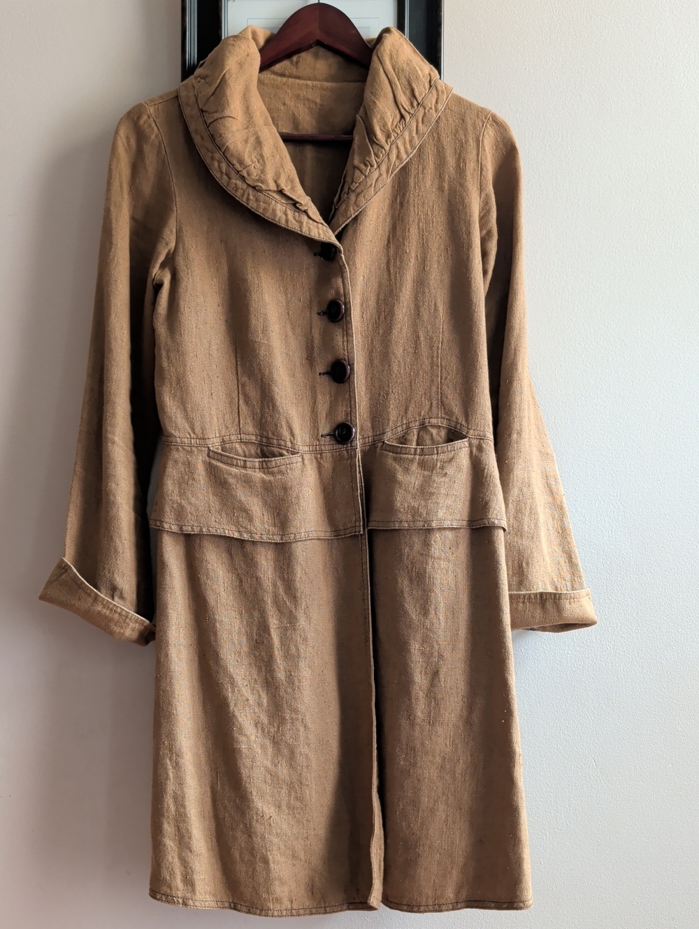 Vintage Women's Tan Long Button Front Linen Coat